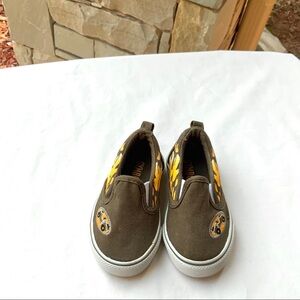 Gymboree Olive Slip on Sneakers w Cars/Flames Sz 4